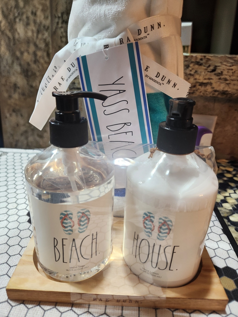'New' Rae Dunn Beach & House Hand Soap and Lotion Set with Beach Towel